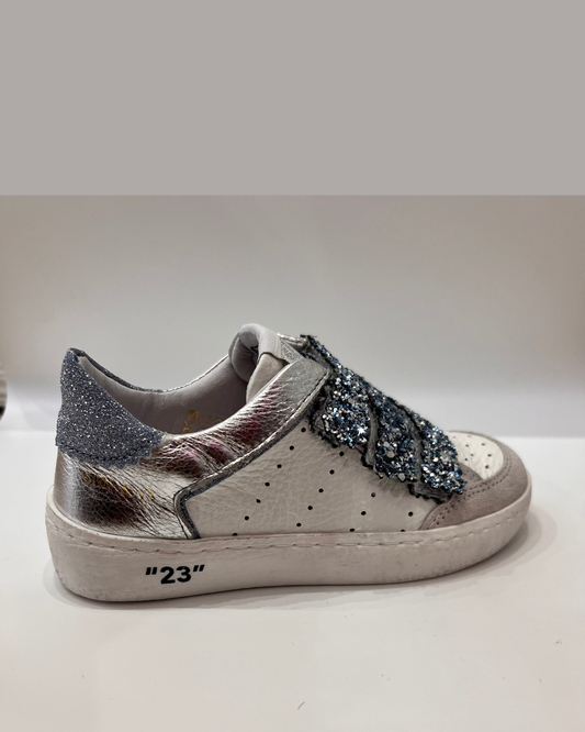 GARDEN 9494 - SNEAKERS CUIR  À SCRATCHS ARGENT & GLITTER BLEU CIEL