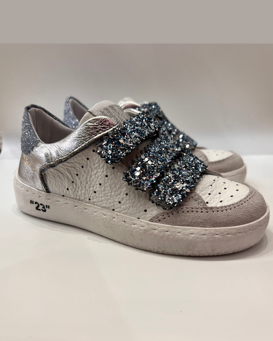 GARDEN 9494 - SNEAKERS CUIR  À SCRATCHS ARGENT & GLITTER BLEU CIEL